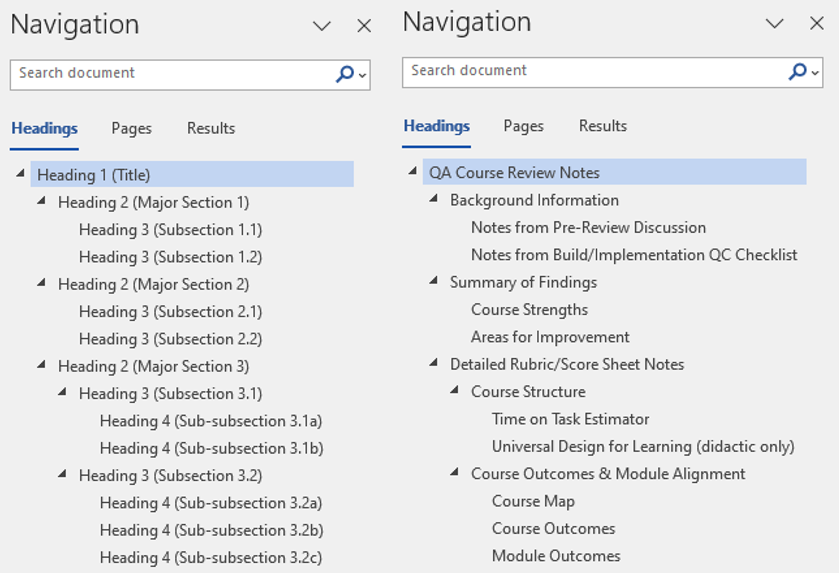 Examples of accurately applied headings in both a generic and real-world example.